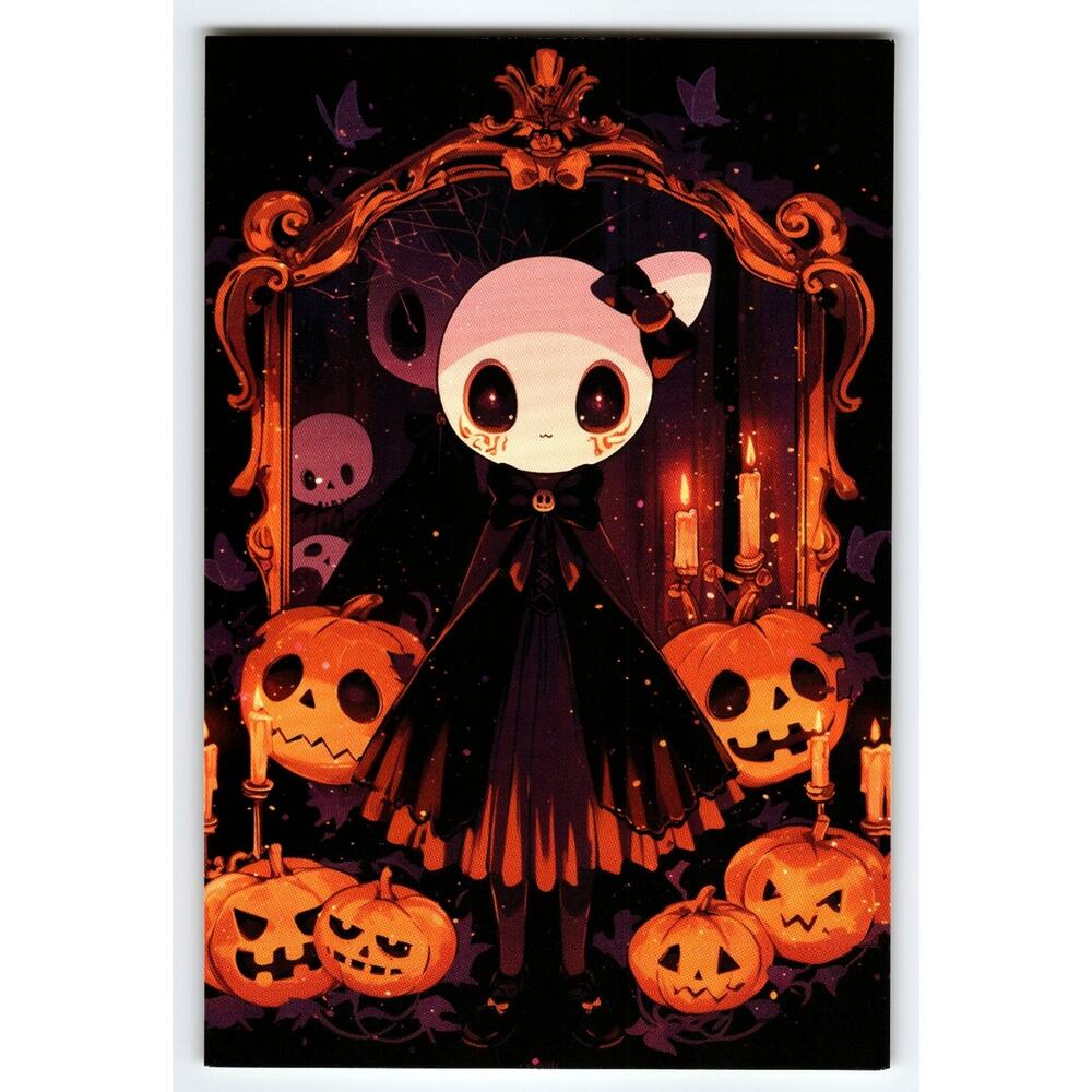 Cute Halloween Gothic Girl with Jack-O'-Lanterns Photochrome Postcard
